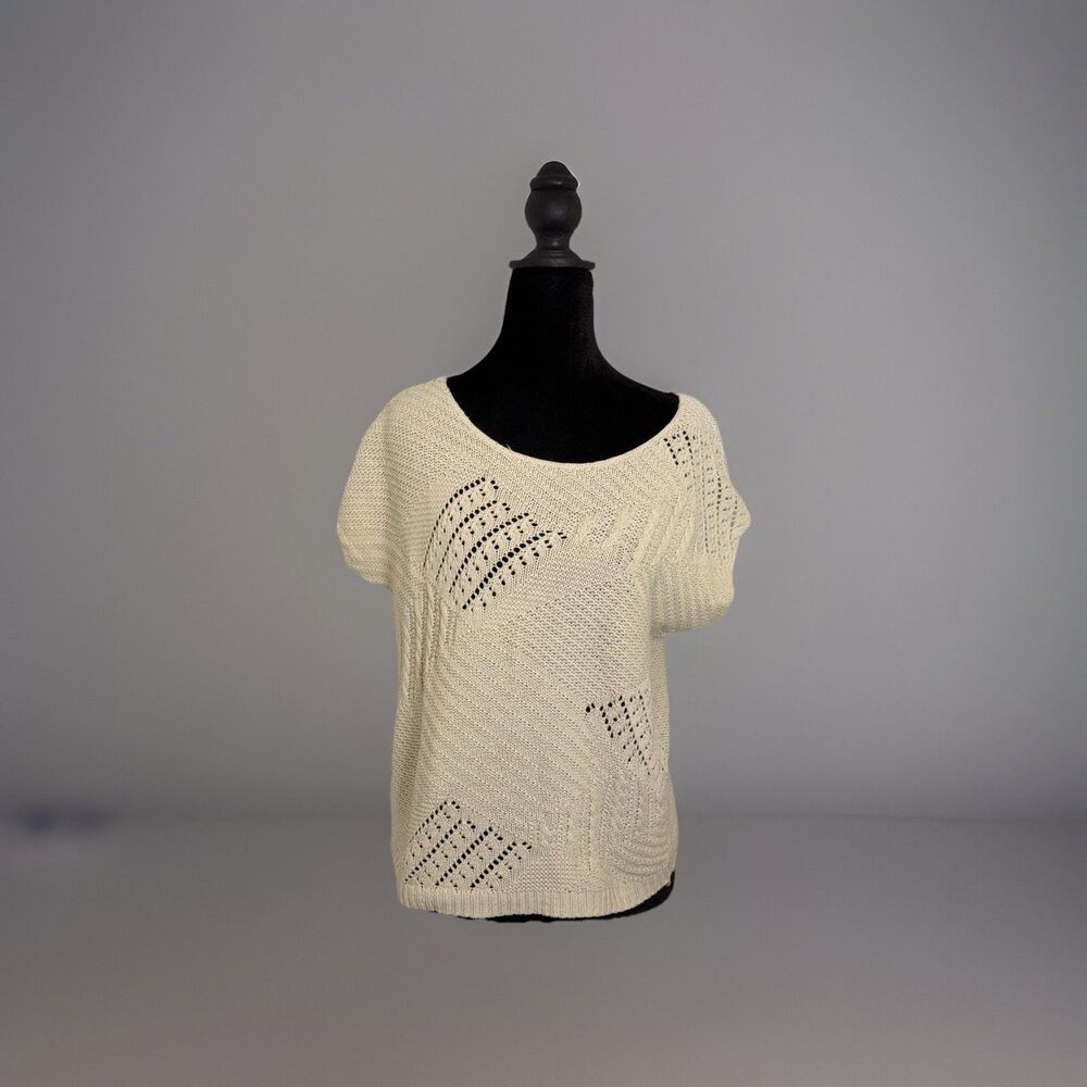 80s Rosanna Sweater Womens Med Cream Knit Top Cap Sleeve Cottage Nautical Vint